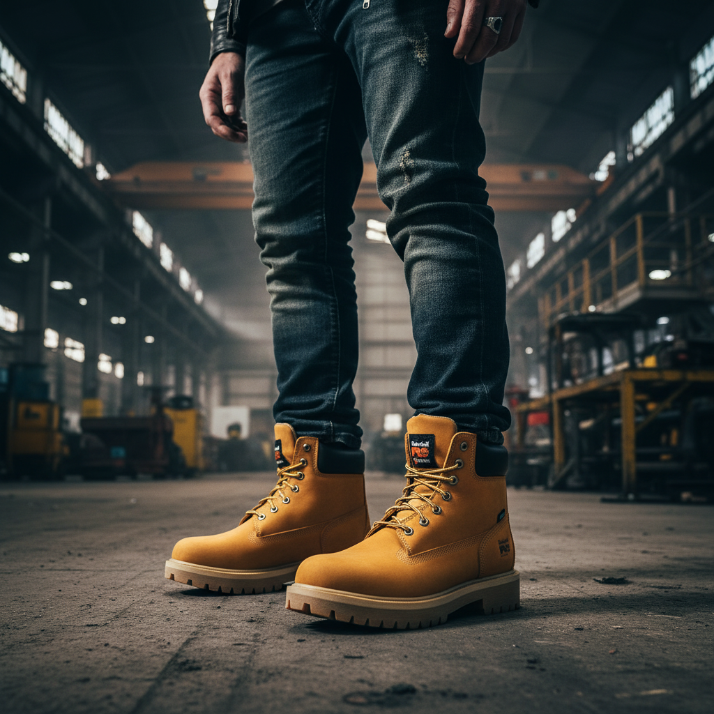 Bota Timberland PRO en escenario industrial con estilo rockero